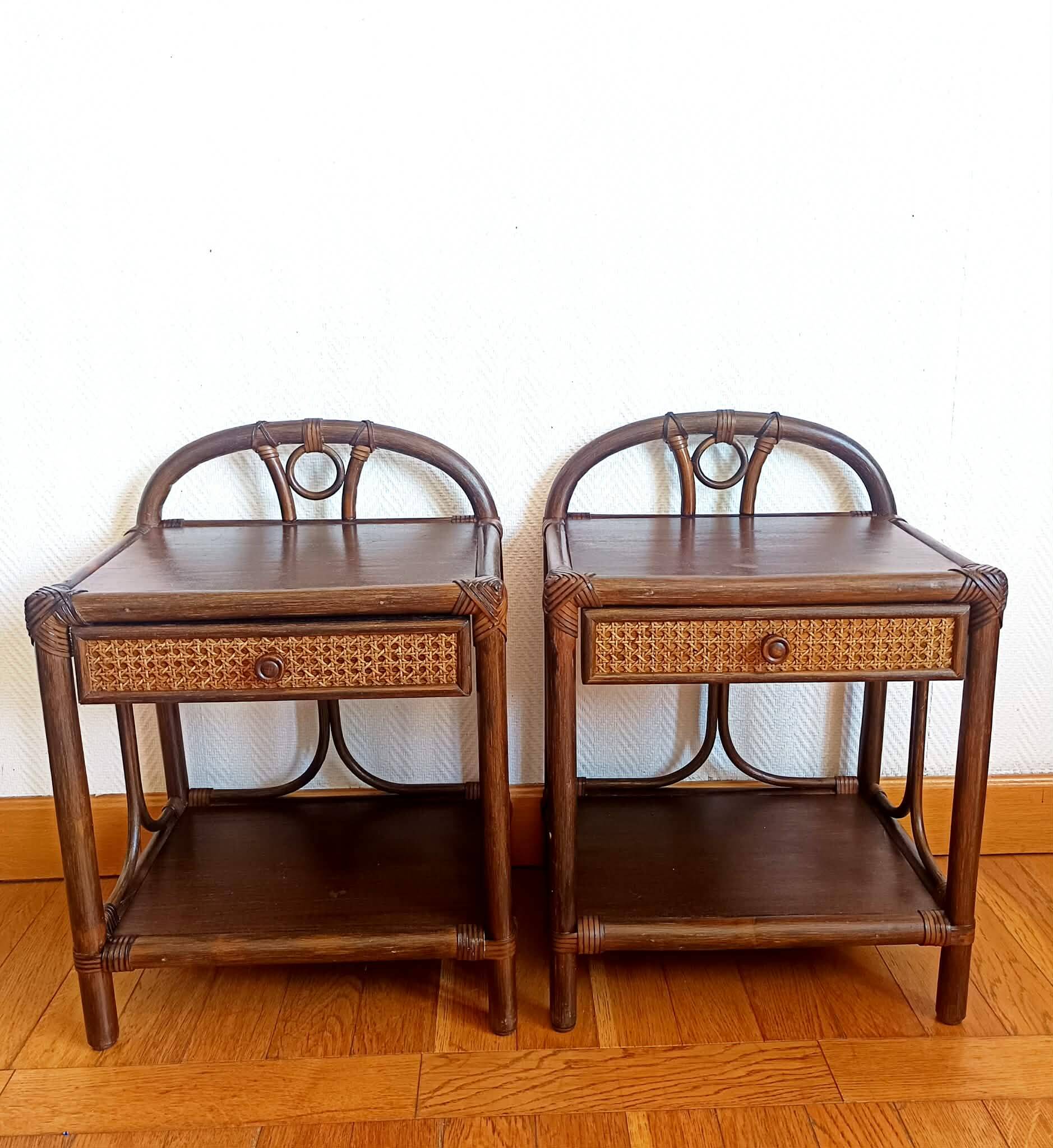 Pair of vintage 1960s rattan bedside tables