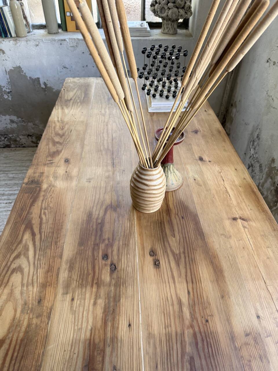 1950s pine and oak farmhouse table with multiple drawers