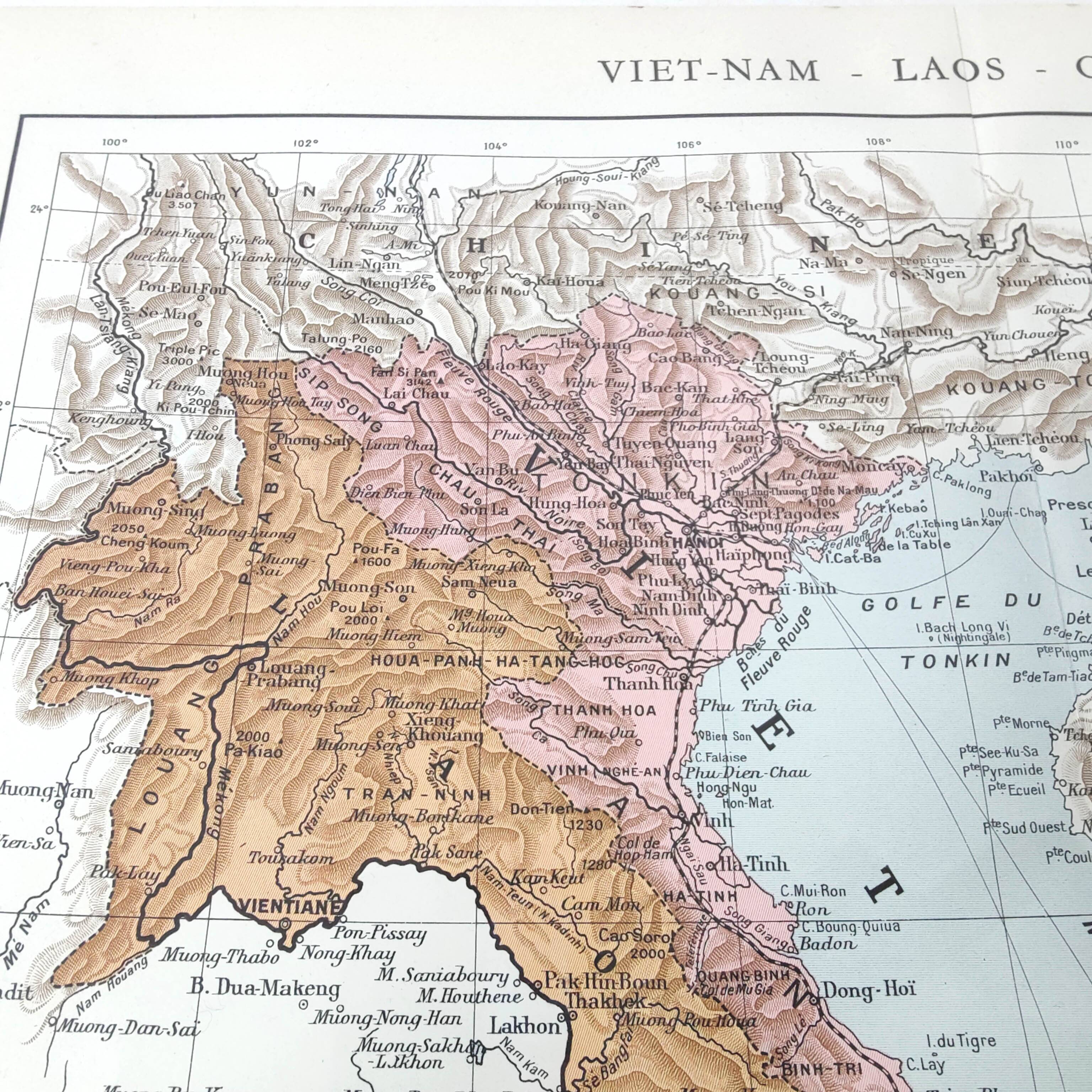 Old map Vietnam Laos Cambodia Asia 43x43cm from 1950