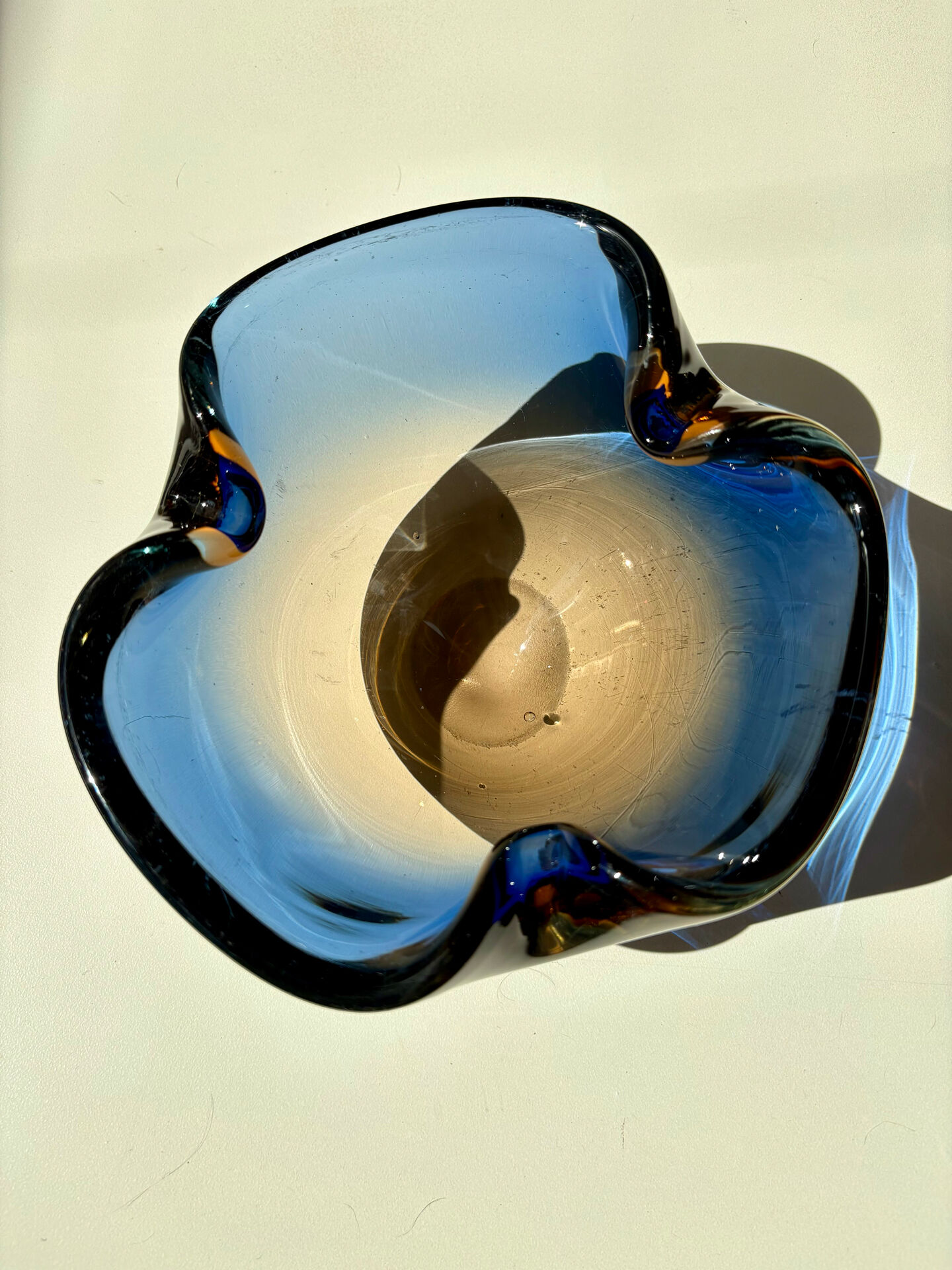 Blue and amber Murano glass ashtray/trinket dish 1960-70s