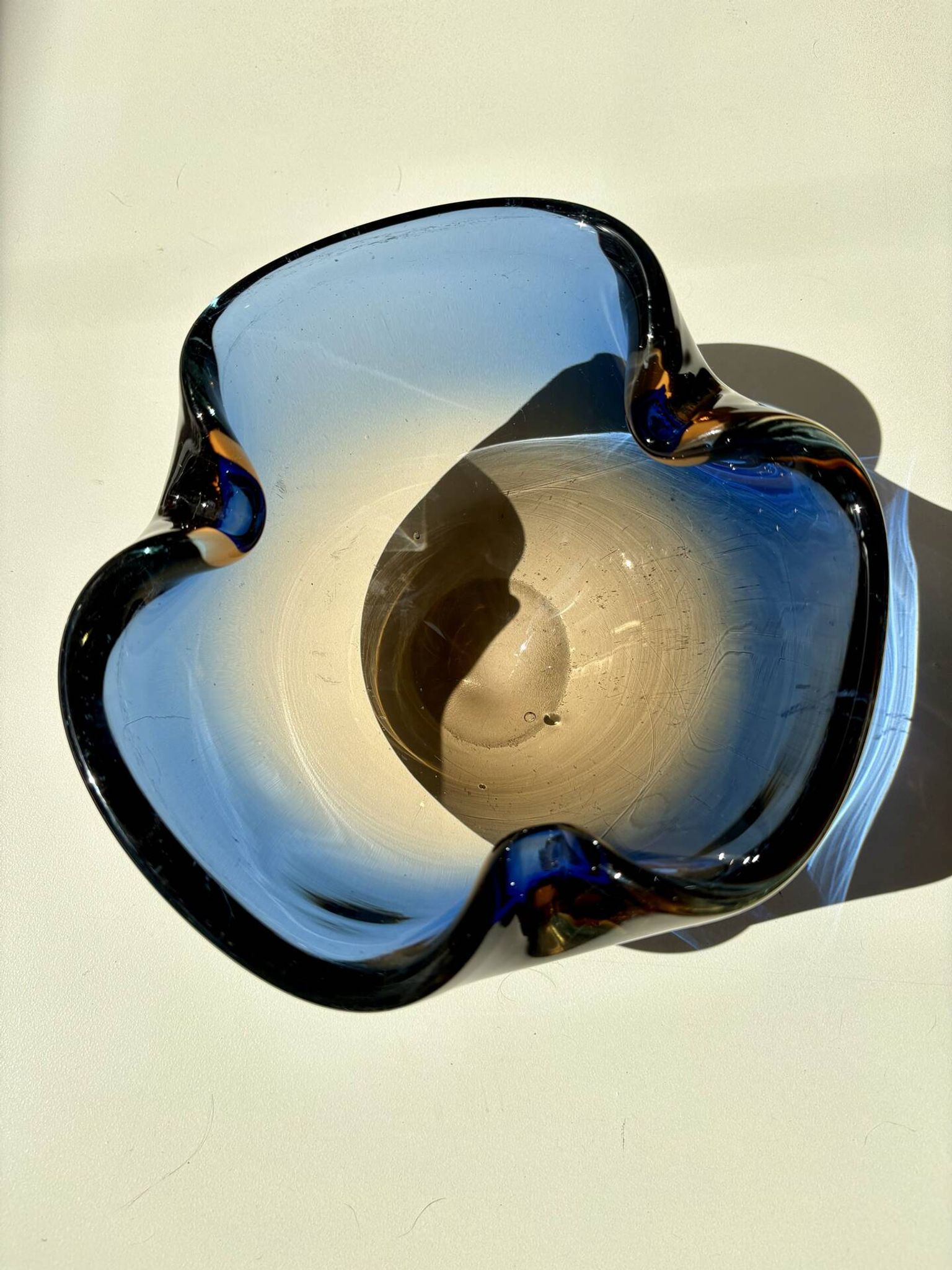 Blue and amber Murano glass ashtray/trinket dish 1960-70