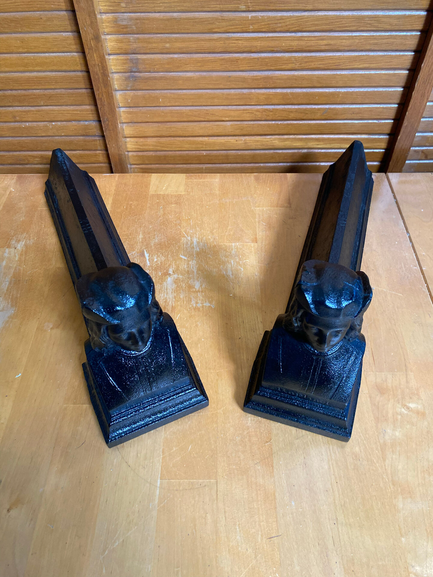 Pair of fireplace chenets raphaël man's head black cast iron vintage #e236
