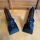 Pair of fireplace chenets raphaël man's head black cast iron vintage #e236
