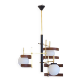 Italian 3-globe pendant light in opaline with teak and brass.