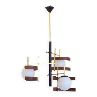 Italian 3-globe pendant light in opaline with teak and brass.