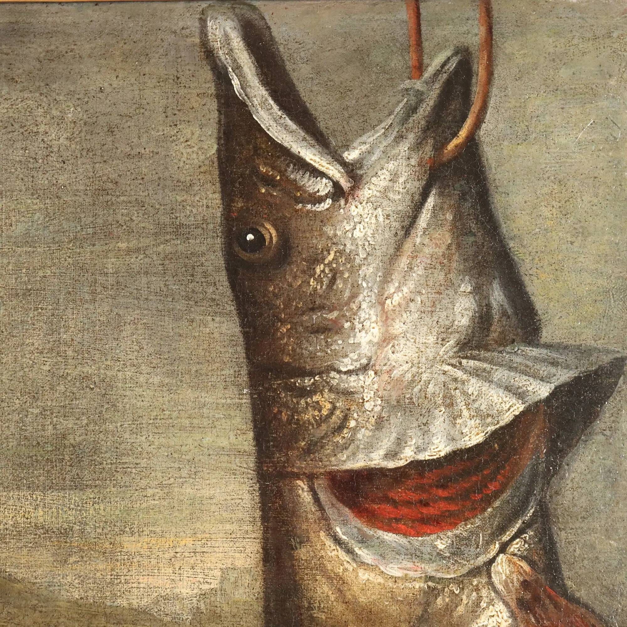 Old painting of still life with fish and snails, oil on canvas from the 1600s.