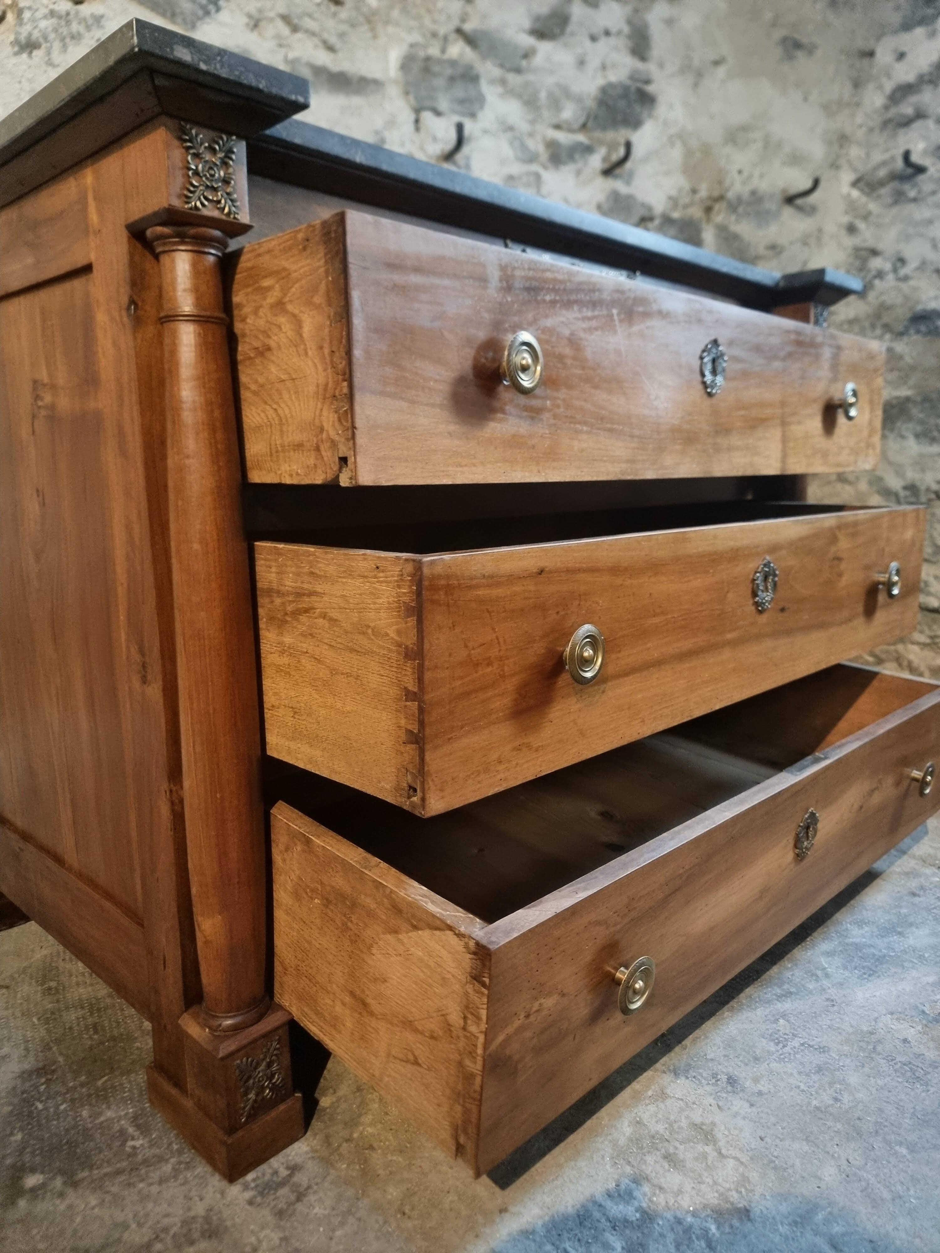 Antique commode, walnut and oak, marble top, 3 drawers, France circa 1820–1850.
