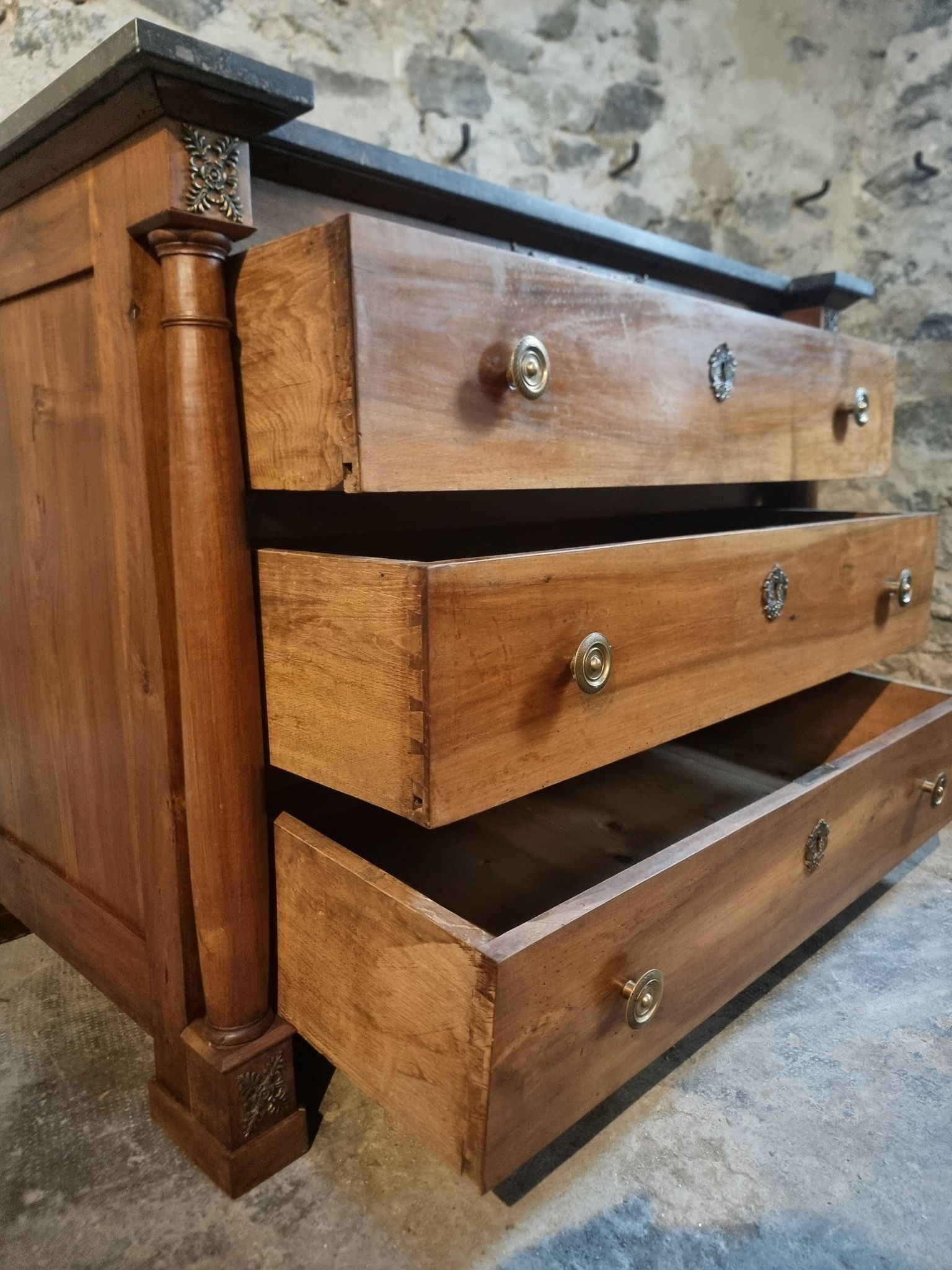 Antique commode, walnut and oak, marble top, 3 drawers, France circa 1820–1850.