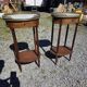 Pair of Louis XVI style bedside tables in mahogany, with marble tops.