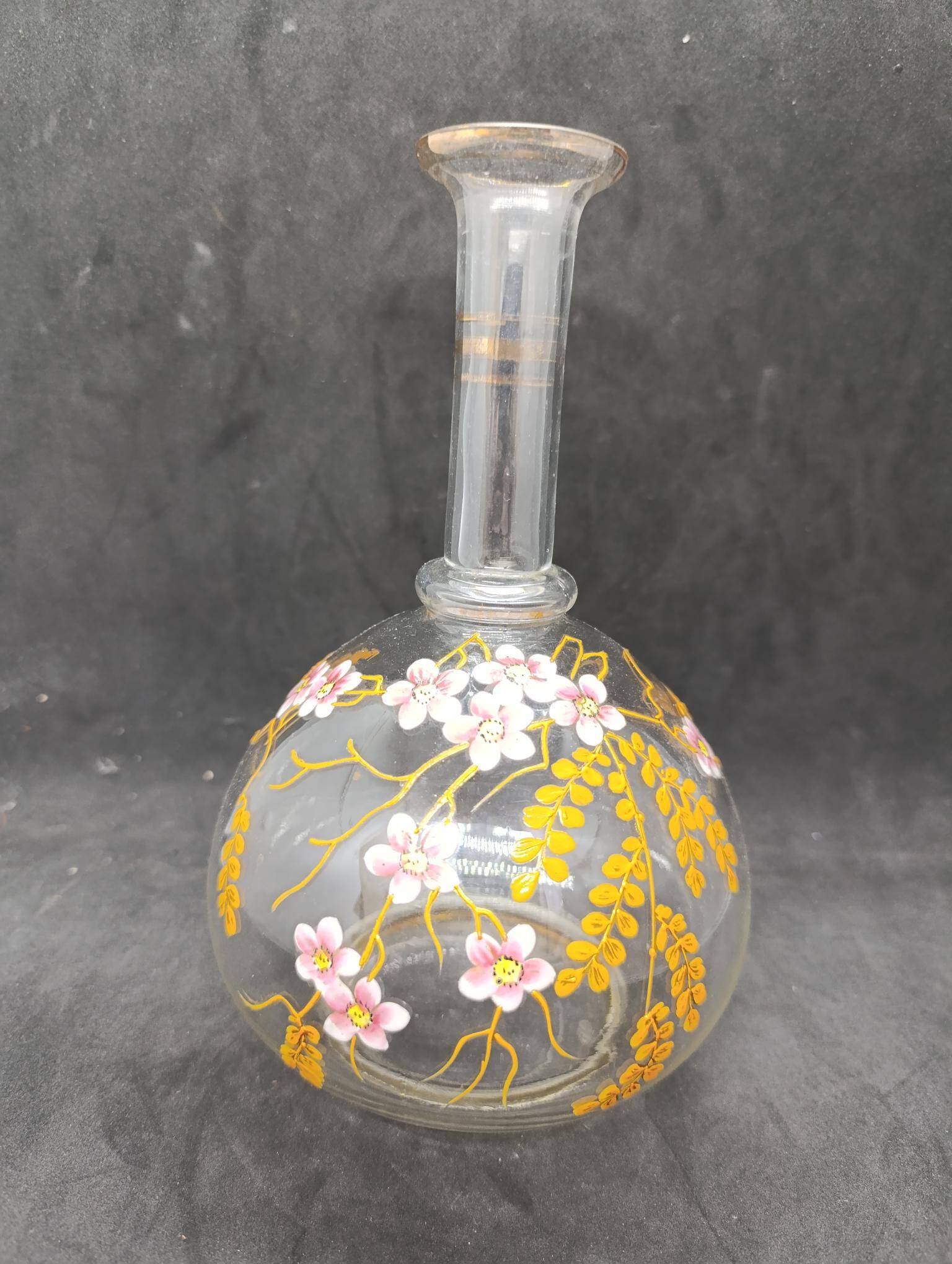 Glass vase/bottle with enamelled floral decoration in legras style in good condition