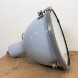 Bauhaus grey enamel industrial pendant lamp with glass cover, 1950s