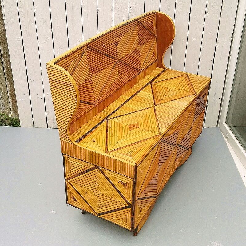 Chest bench, rattan marquetry, vintage 60's