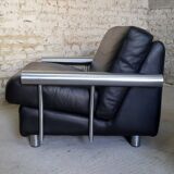 paire de fauteuils, cuir noir & inox, 1990