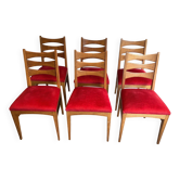 Suite de 6 chaises en chêne et assises de velours rouge