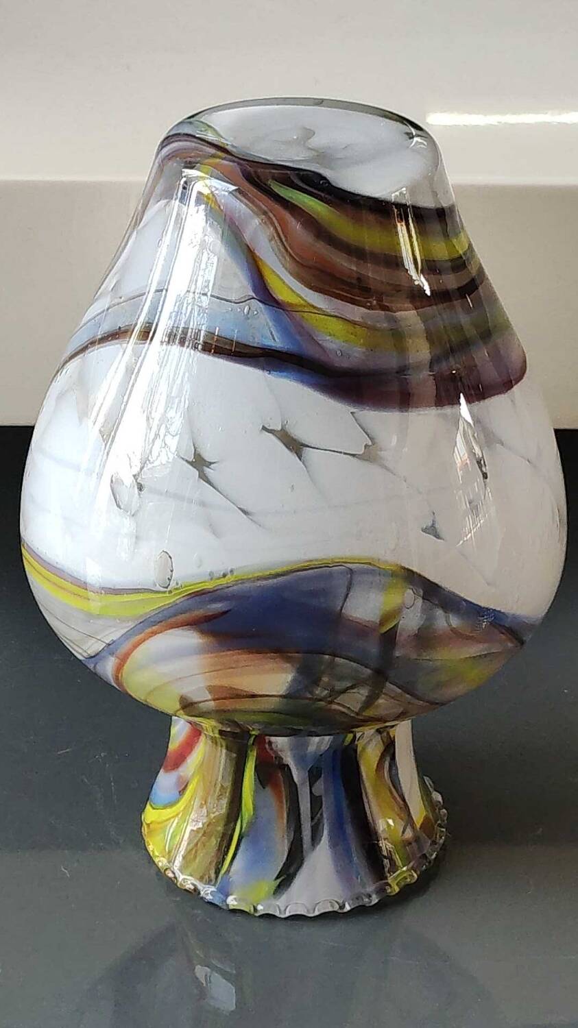 Blown Art glass ball vase from Murano/Italy. Decor swirls of smoke/polychrome waves. Dimensions 20 x 15 cm