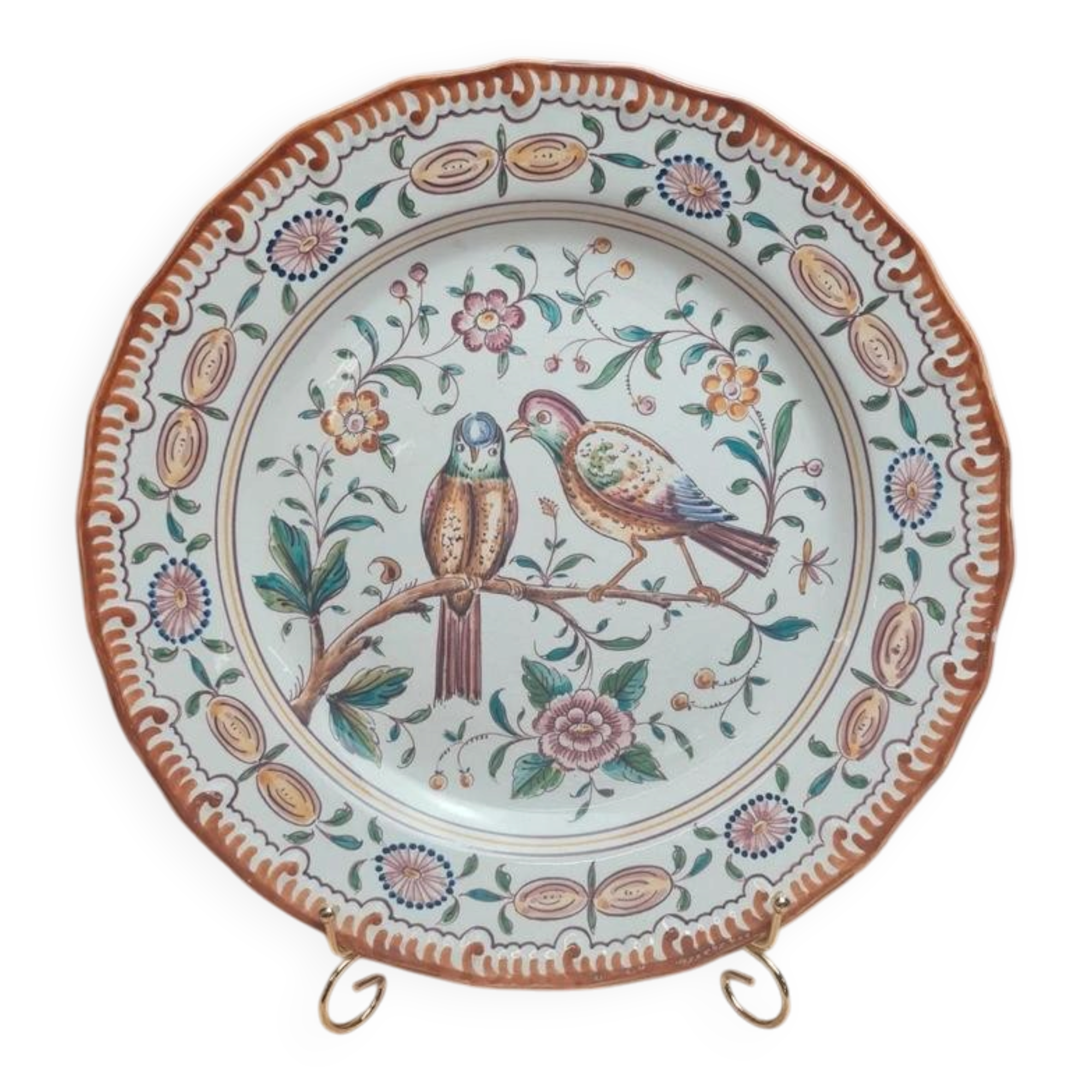 Large vintage plate with bird decor – signed Outeiro