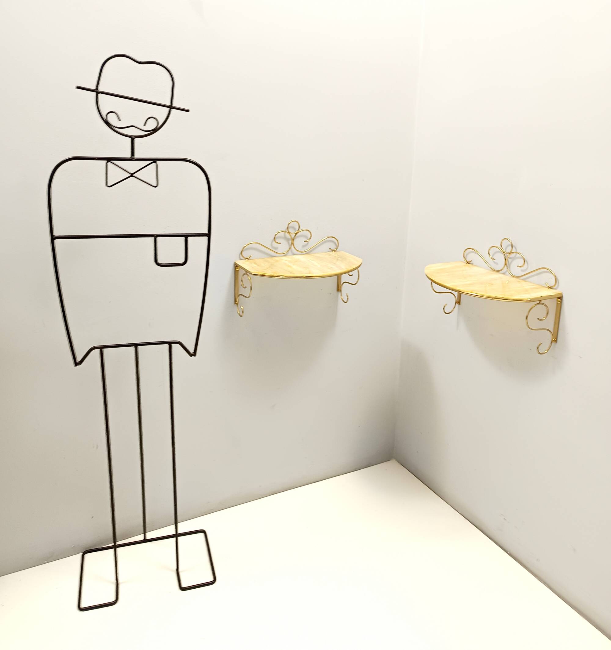 Pair of Wall-Mounted Brass and Murano Glass Console Tables / Nightstands