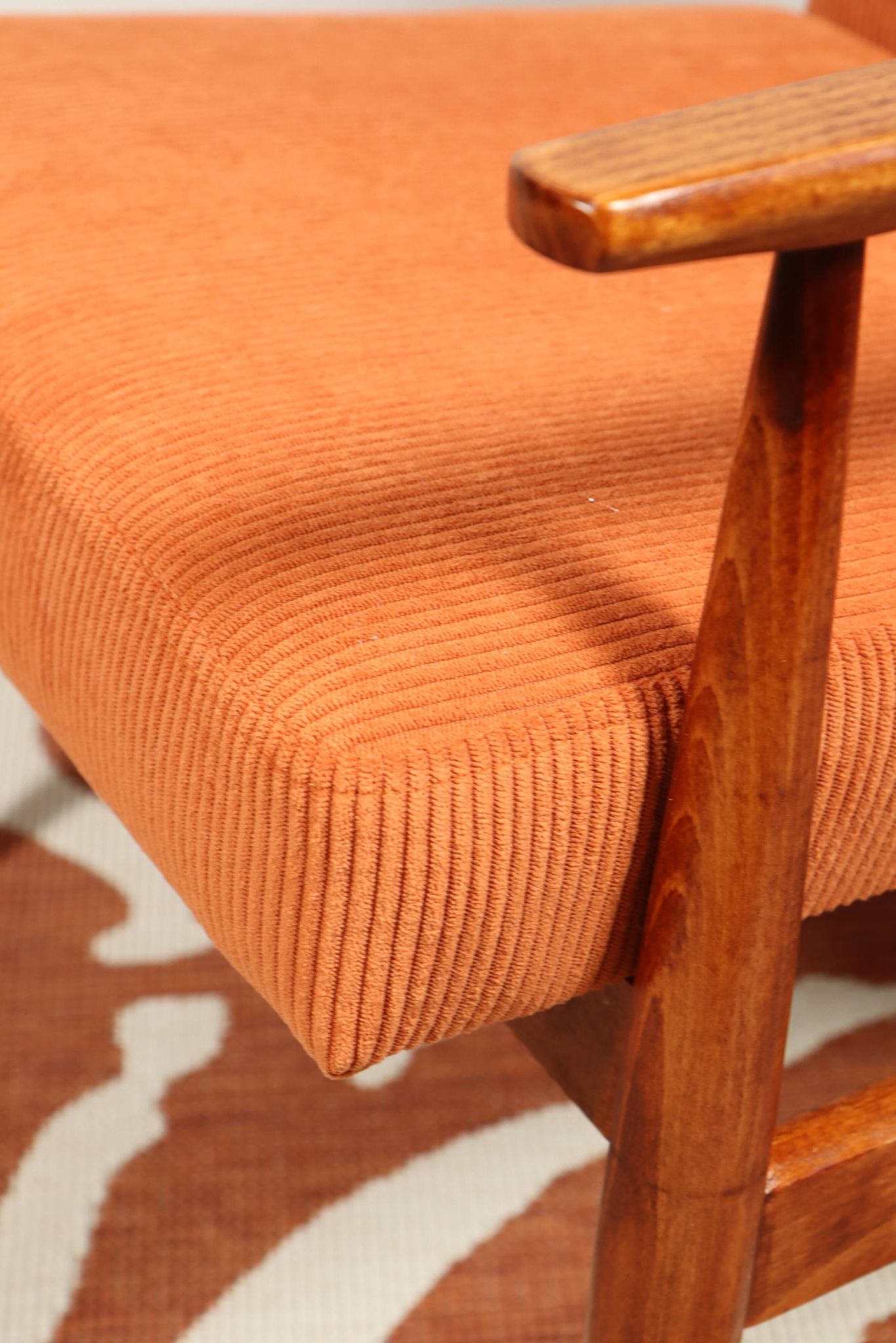 Vintage armchair orange burt corduroy upholstery , Henryk Lis, 1960, Poland