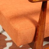 Vintage armchair orange burt corduroy upholstery , Henryk Lis, 1960, Poland