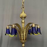 Solid bronze Art Deco style chandelier with iconic handmade lampshades.