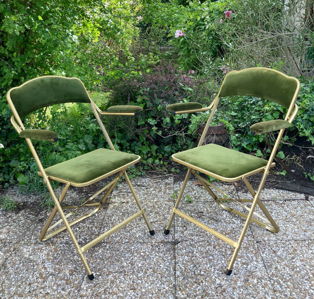 Set of 4 vintage folding armchairs in green velvet
