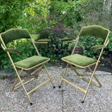 Set of 4 vintage folding armchairs in green velvet