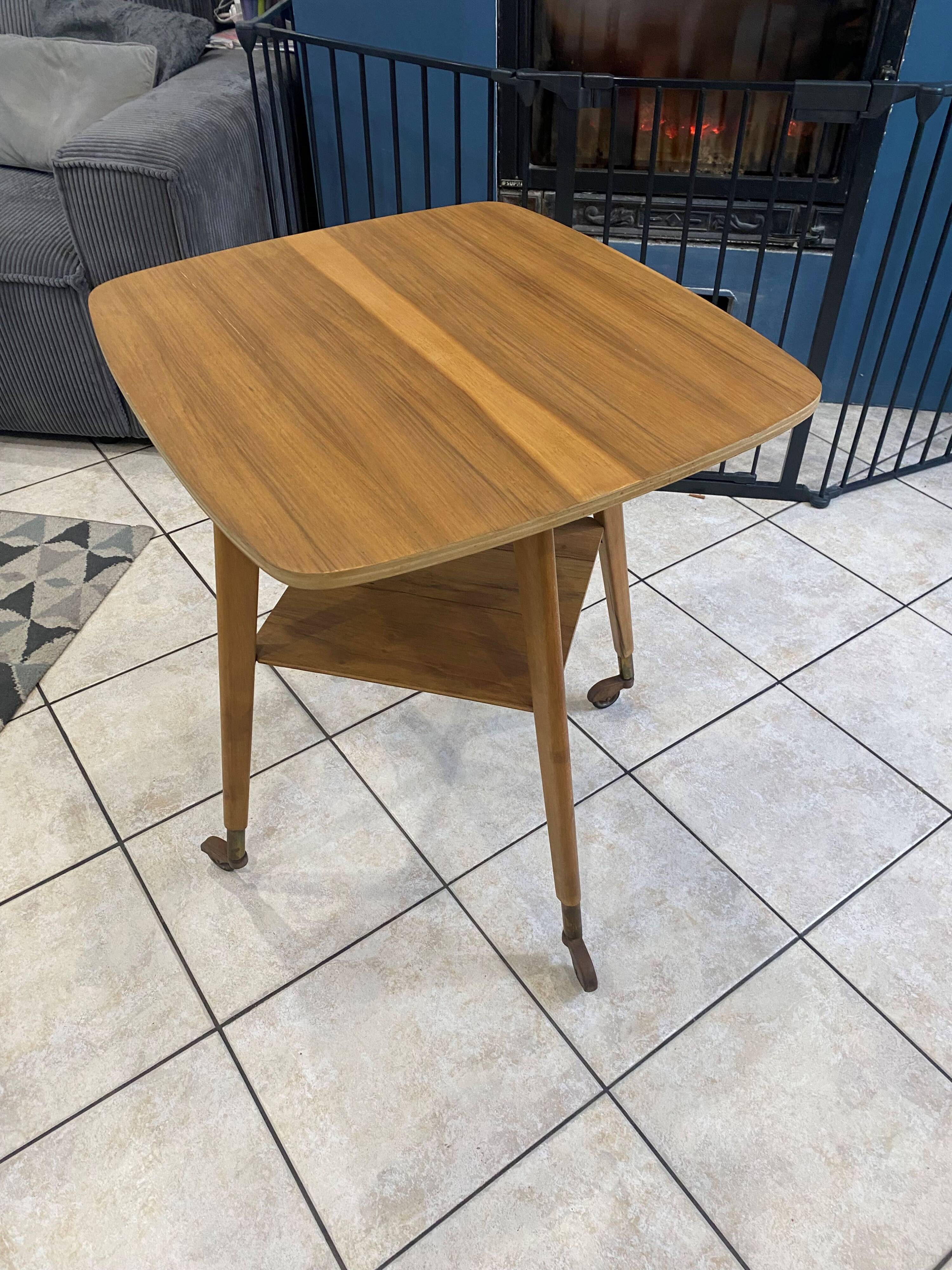 Scandinavian wooden side coffee table with vintage 50s swivel top