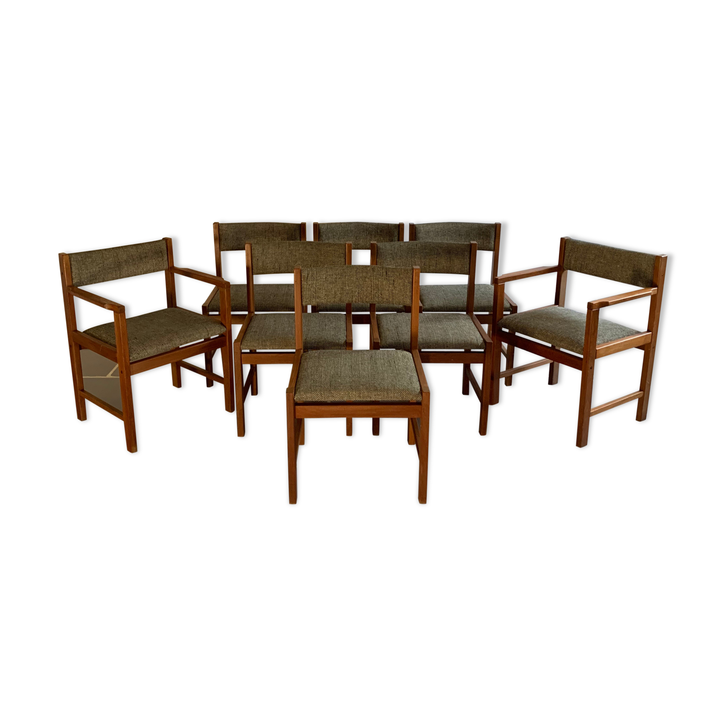 Set 6 chairs and 2 vintage Scandinavian teak and tweed chairs