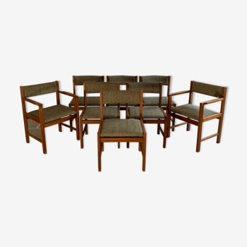 Set 6 chairs and 2 vintage Scandinavian teak and tweed chairs