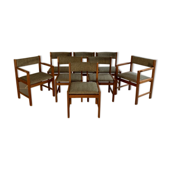 Set 6 chairs and 2 vintage Scandinavian teak and tweed chairs