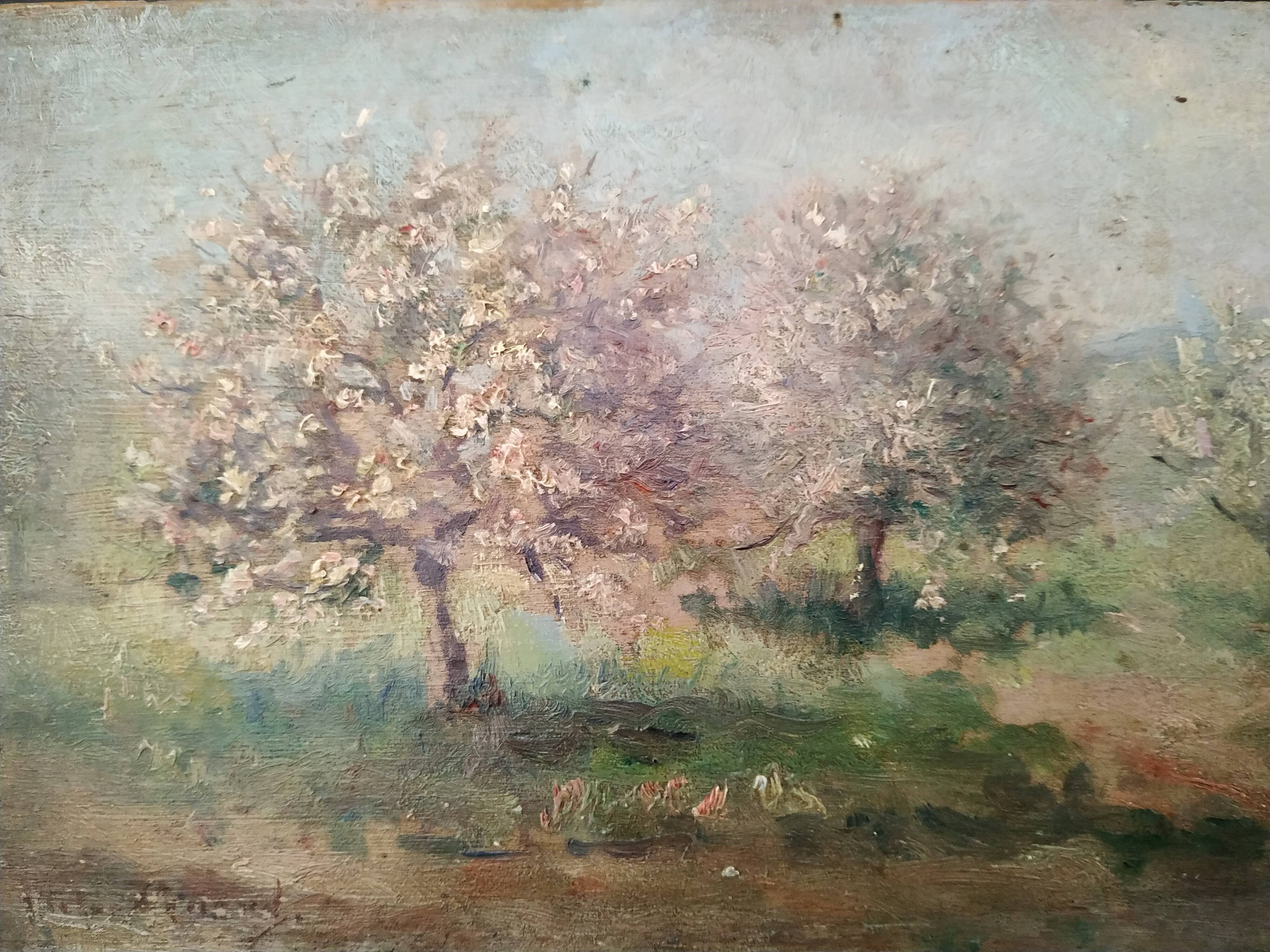 Les pommiers en fleurs huile sur panneau