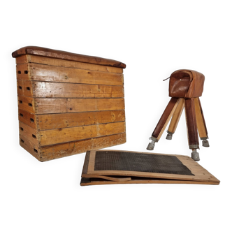 Wooden & Leather Gymnastic Box with Jumping Hill and Gymnastic Hours, 1930s, Set of 3