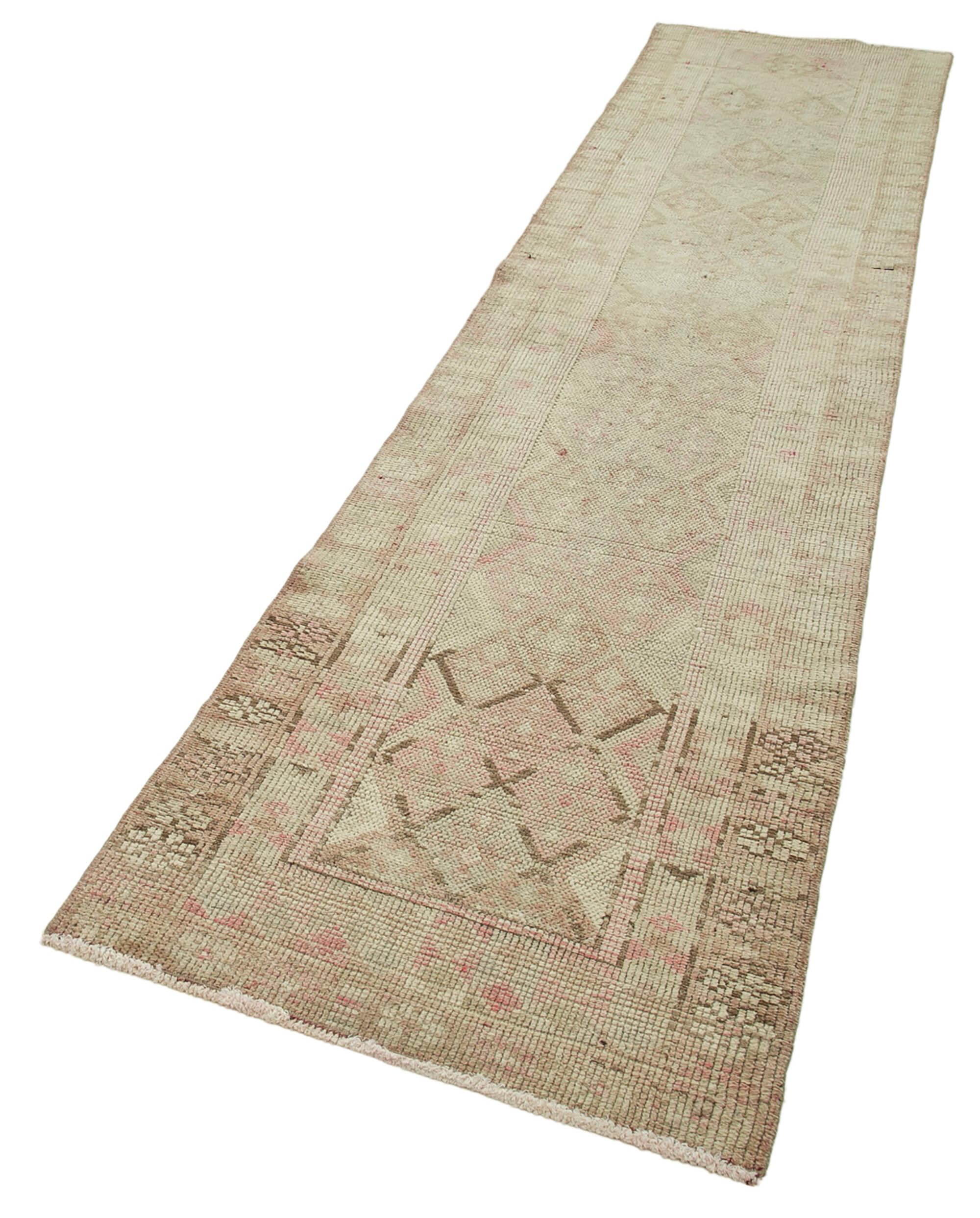 Hand-knotted one-of-a-kind turkish beige runner rug 82 cm x 340 cm