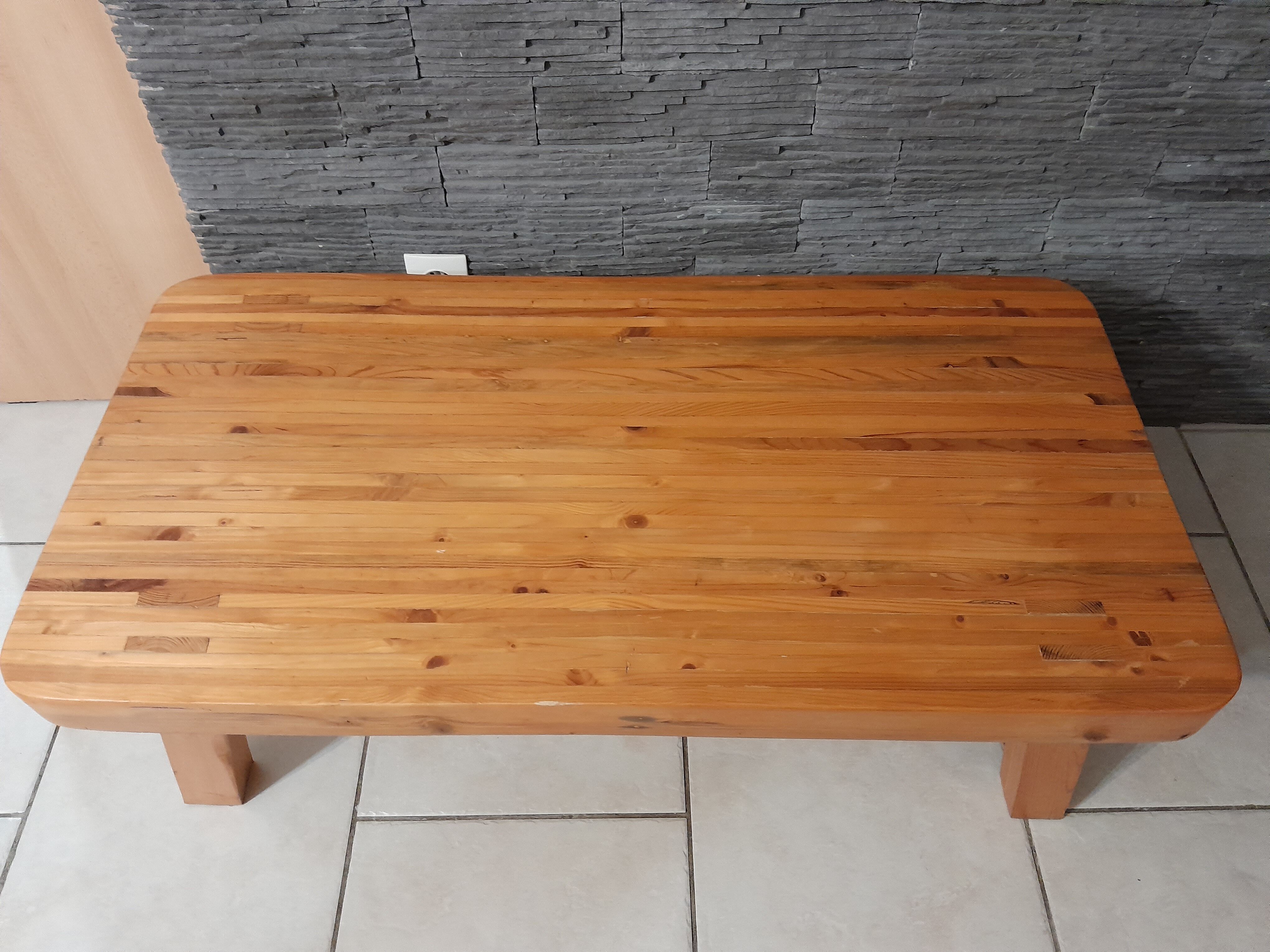 Table basse pin pieds compas vintage années 70-80