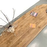 XXL oval coffee table in solid oak, cylindrical base, 1950s.