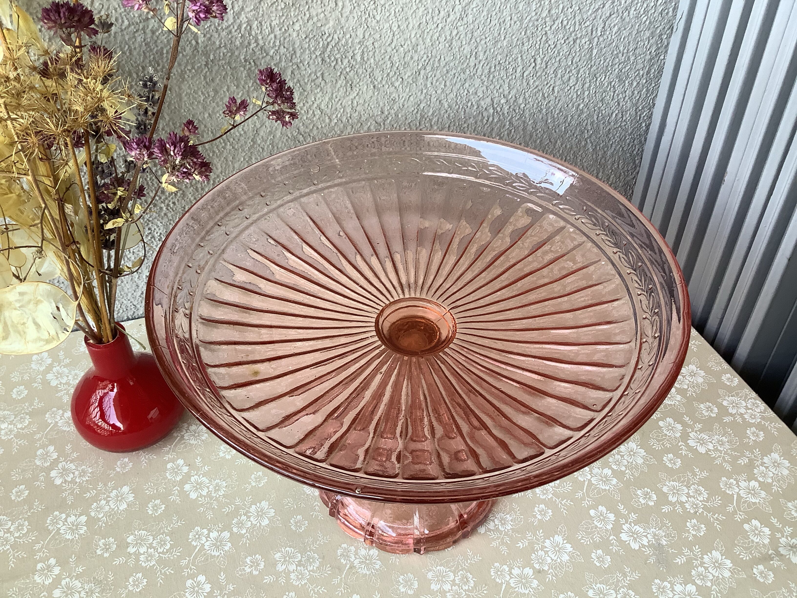 Compotier en verre moulé rose art nouveau