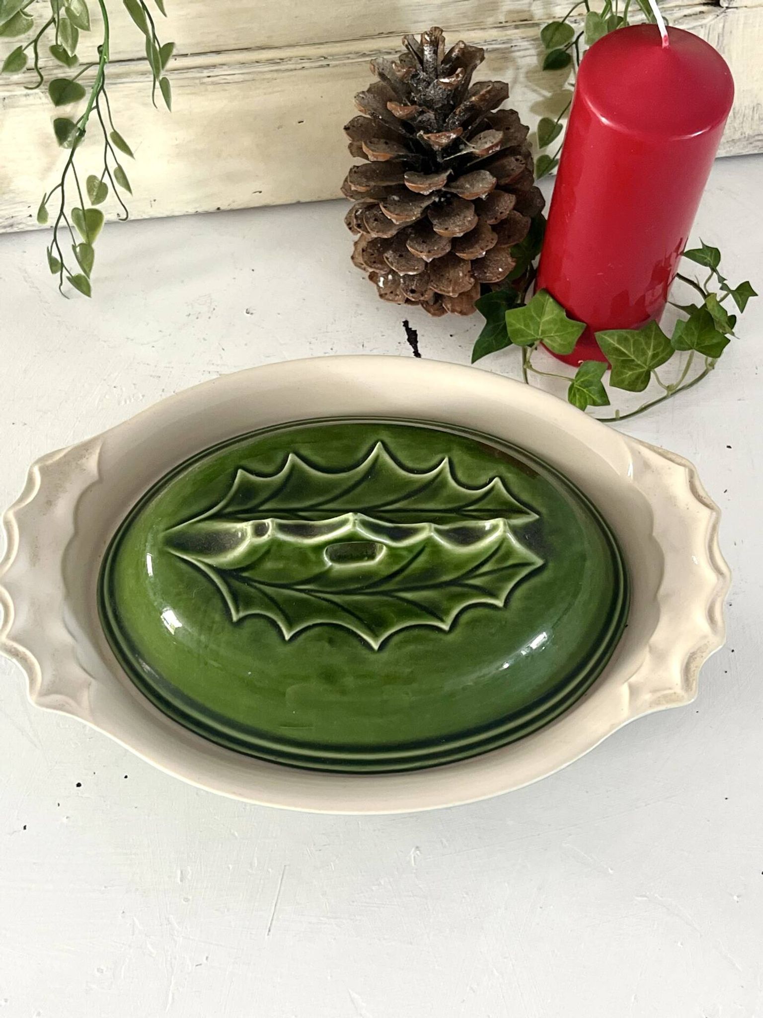 Christmas Terrine with Holly Lid, Green Ceramic Serving Dish, Vintage