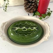 Christmas Terrine with Holly Lid, Green Ceramic Serving Dish, Vintage