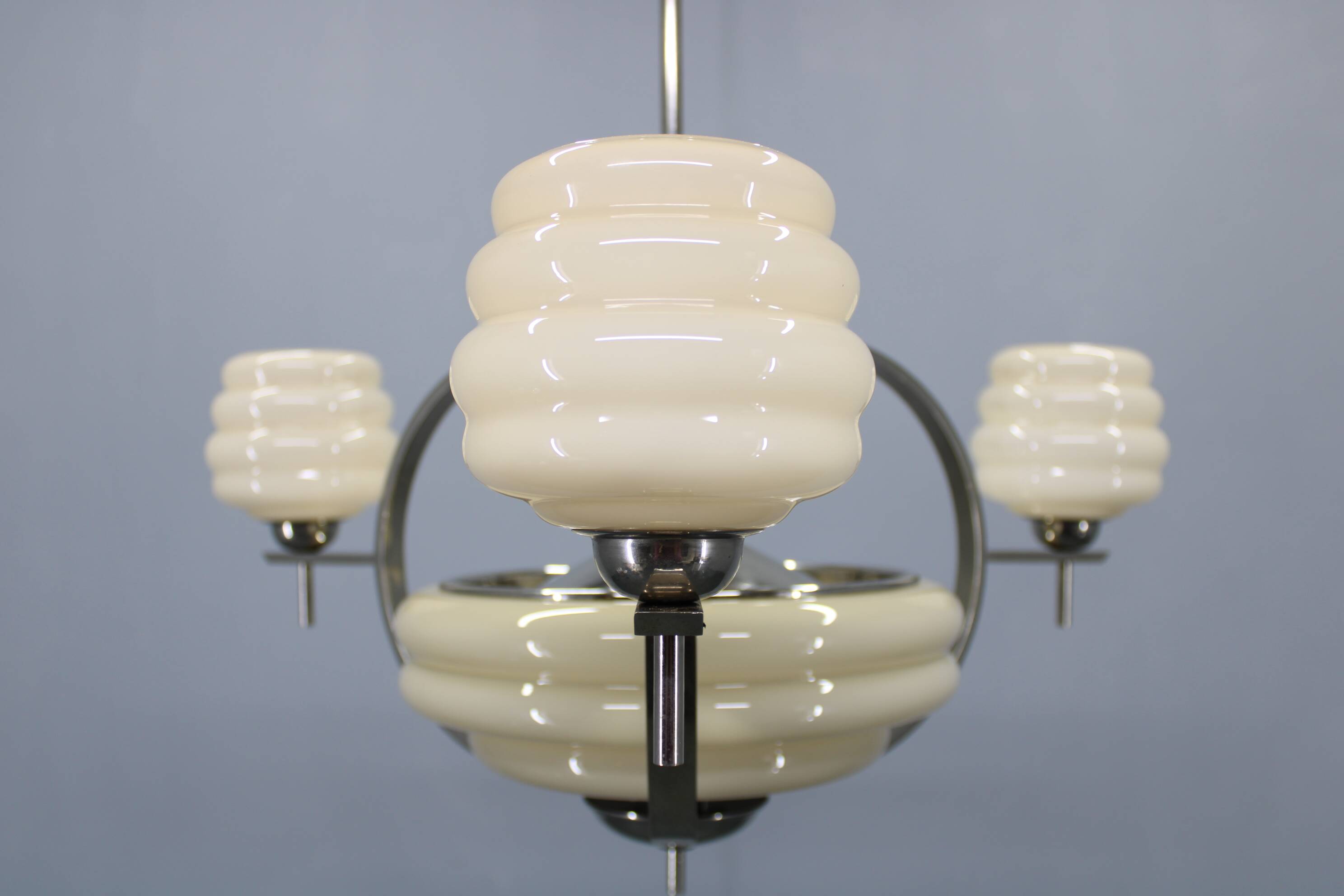 1930s Art Deco nickel and cream glass chandelier