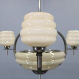 1930s Art Deco nickel and cream glass chandelier