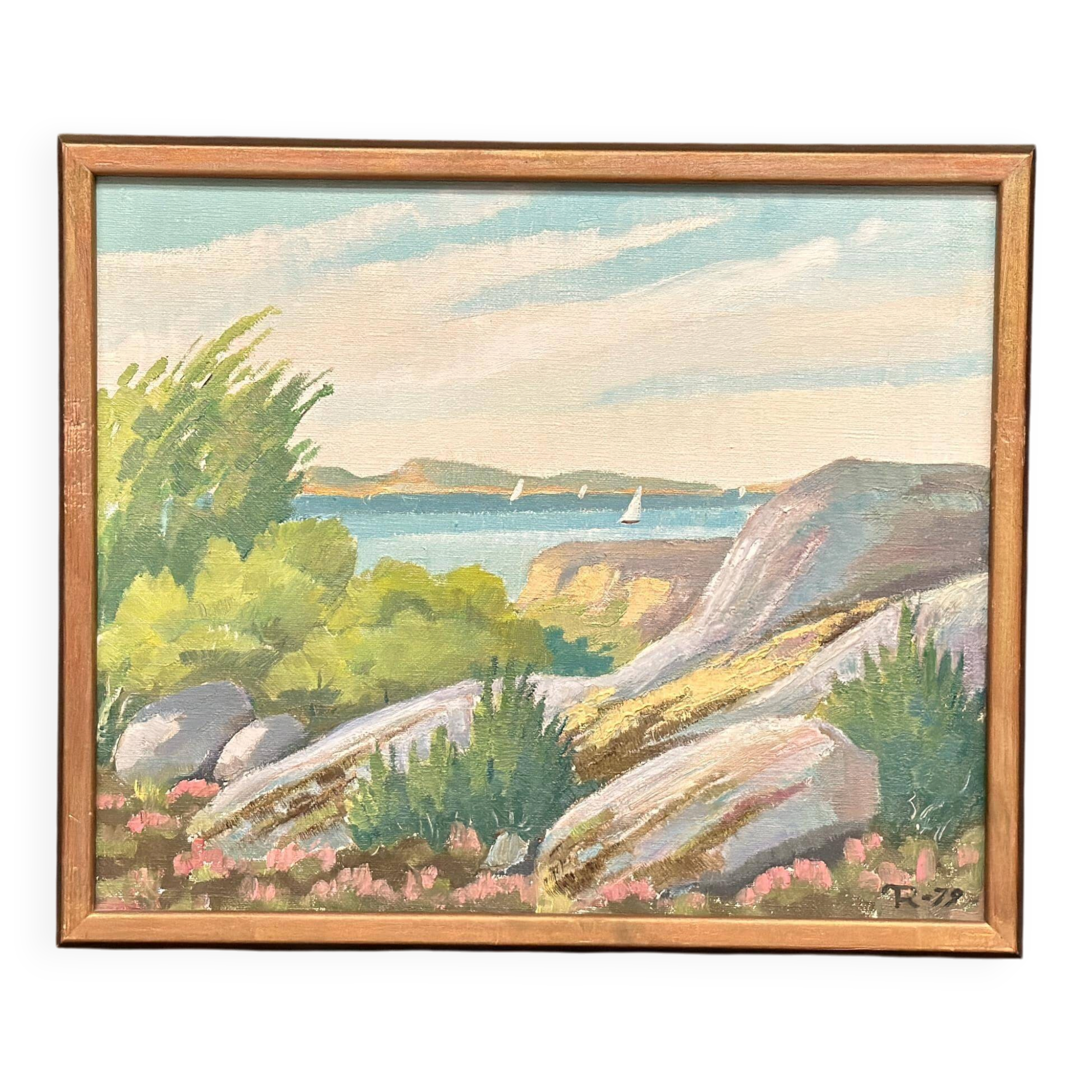 Original Swedish Oil On Canvas – “Coastal Landscape” By R. – Dated 1979 – Vintage & Framed – 50 × 42 Cm (19.7" × 16.5")
