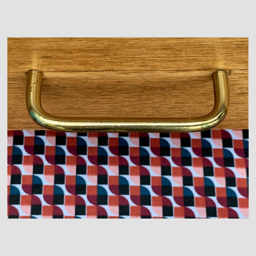 Vintage chest of drawers with compass feet, raw oak, 1960