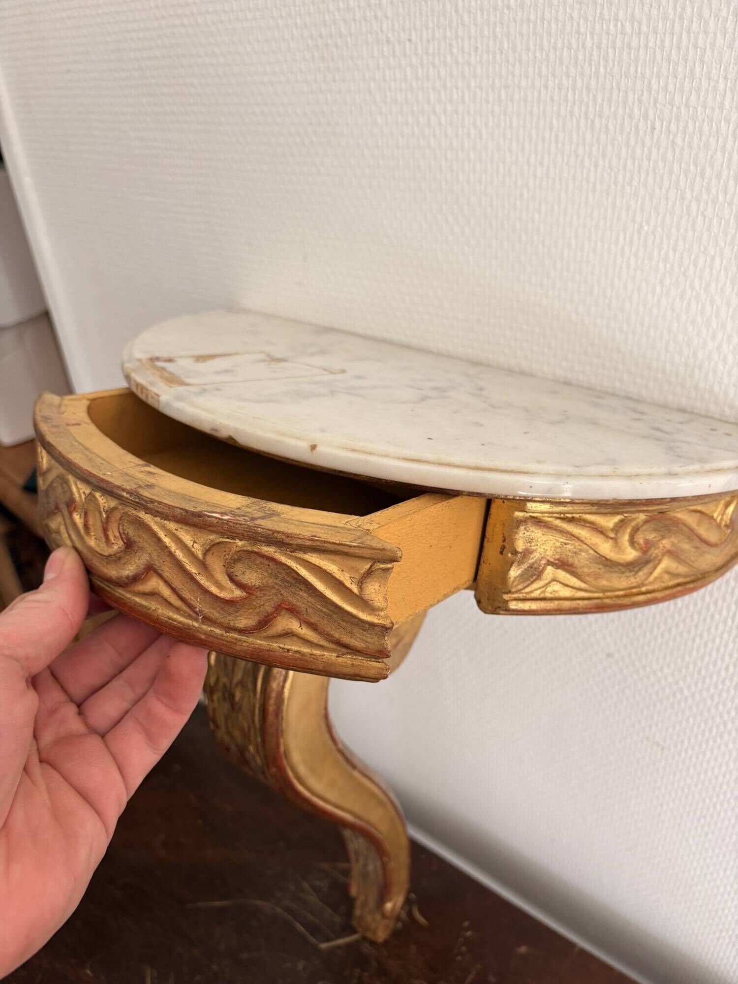 Console Demi Lune Gold Wood White Carrara Marble Louis XVI Classic Style