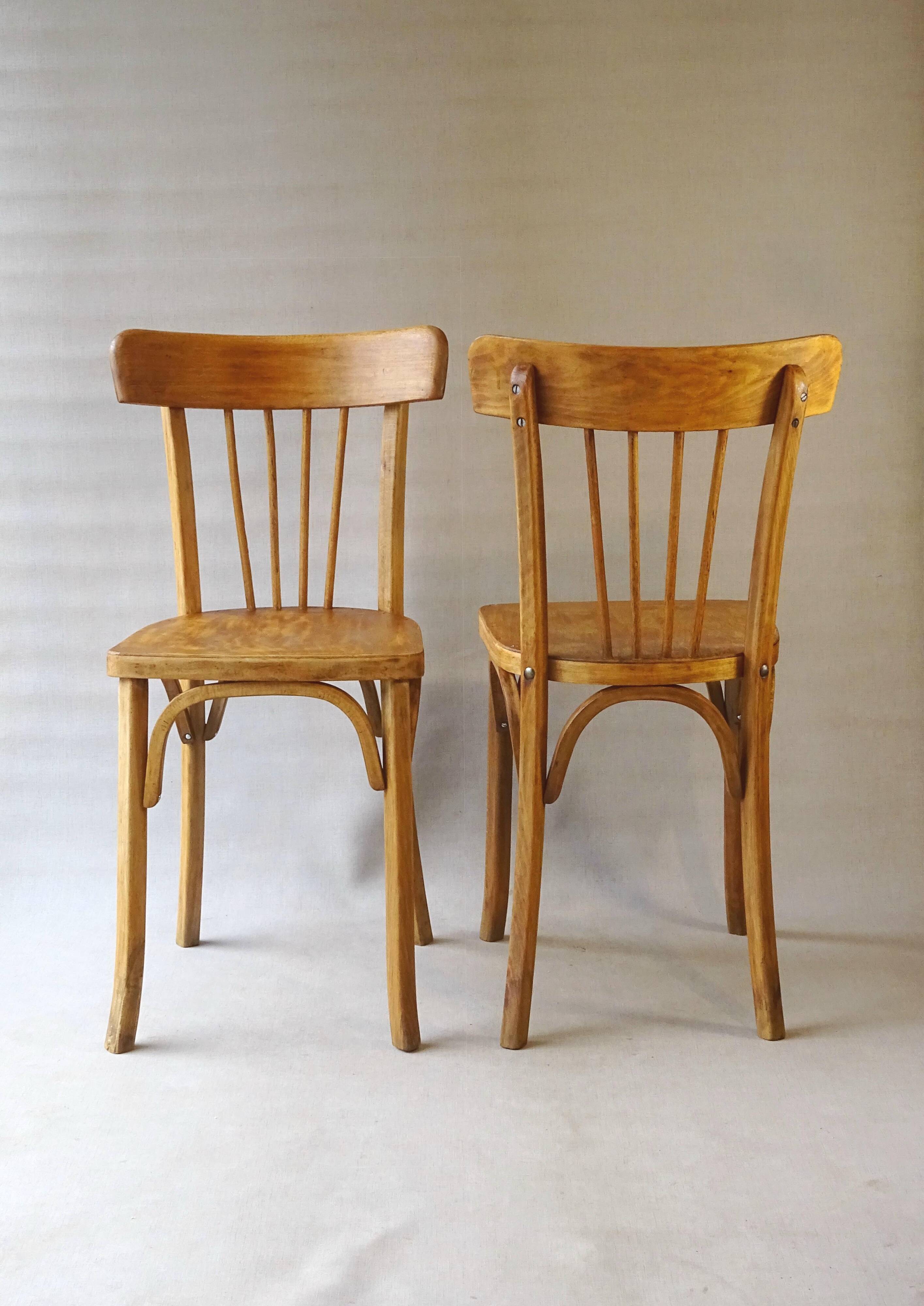 2 chaises bistro par Luterma blondes, 1950, barreaux en éventail