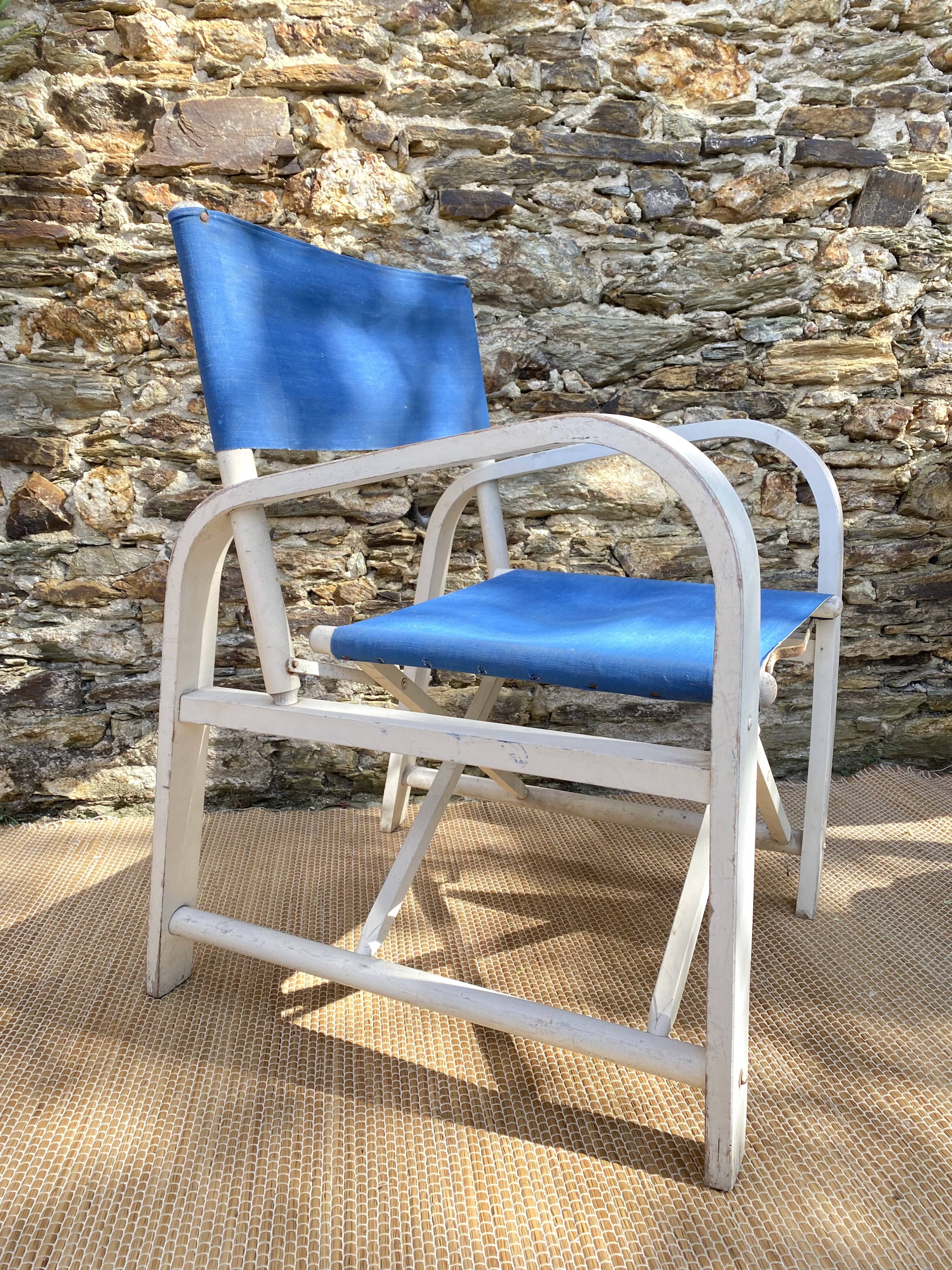 Folding canvas armchair by the sea La Baule 1960s
