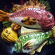 Plate caquelon in vintage slurry style Vallauris theme fish