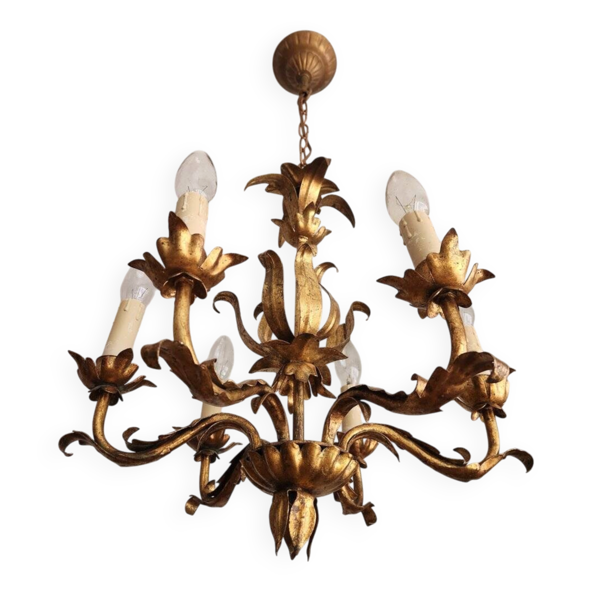 Vintage Hollywood Regency 6 light Chandelier gilded Italy Florence 1950-60