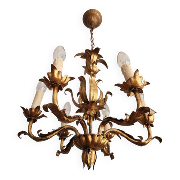 Vintage Hollywood Regency 6 light Chandelier gilded Italy Florence 1950-60