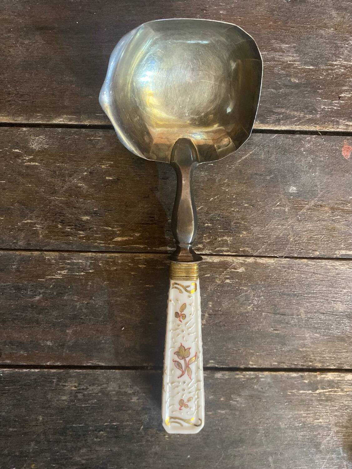 Cuillère de Service Louche Ancienne Metal Argenté + Manche Porcelaine