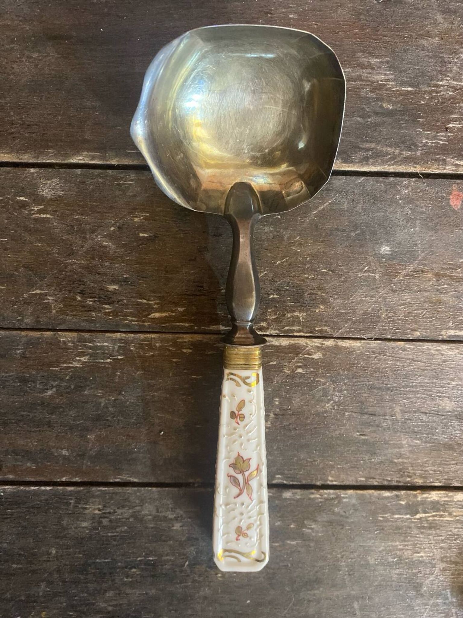 Old Silver-Plated Metal Serving Spoon + Porcelain Handle